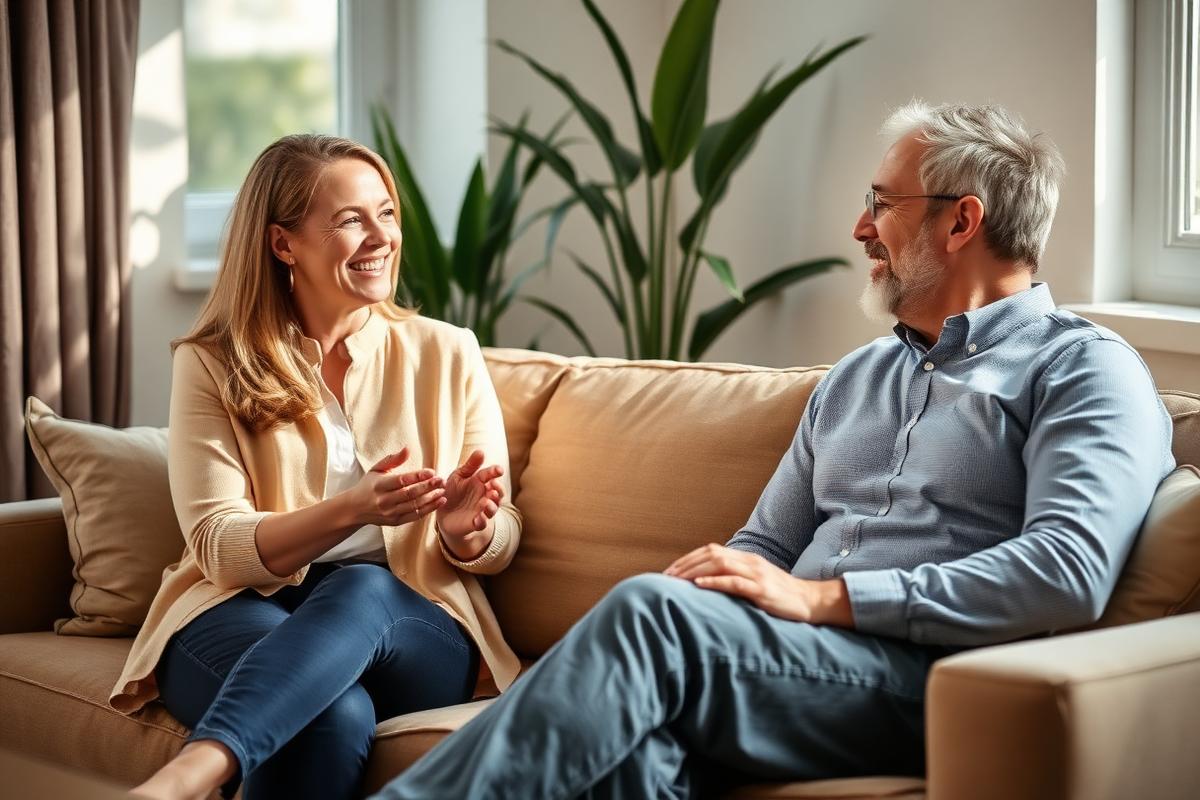 A friendly advisor chatting with a client on a sofa